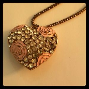 Betsey Johnson Sparkly Heart Necklace with Roses